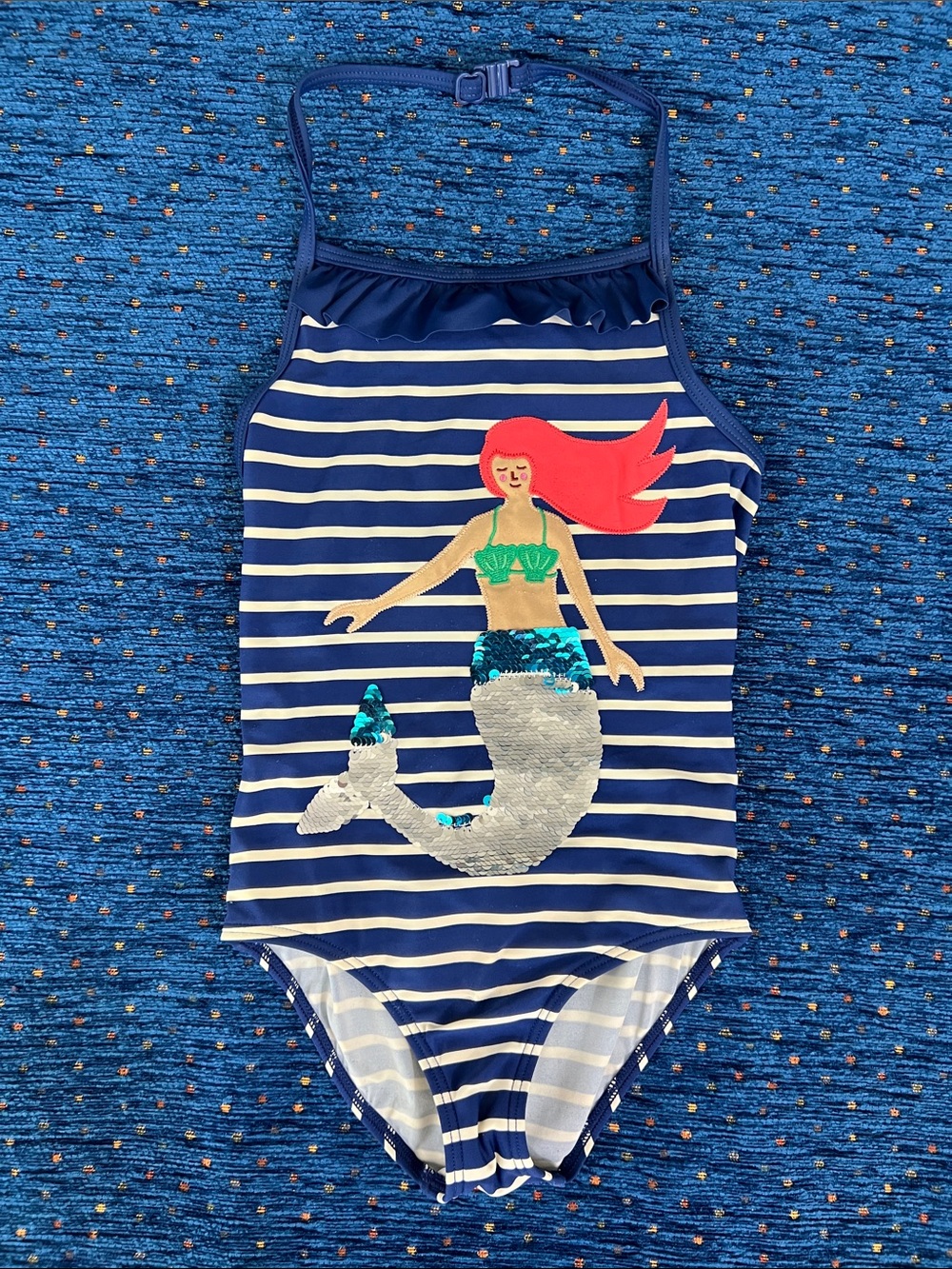 Mini Boden Kids Navy Stripe Mermaid One-Piece Swimsuit - Blue, moveable sequins